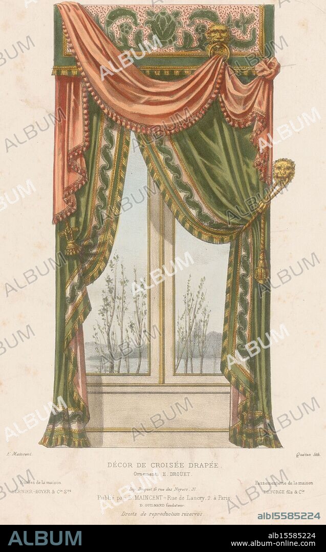 Window with curtains, Décor de Croisée drapée (title on object), Le Garde-Meuble, Collection de Tentures (series title on object), Cross window with draped curtains. Print from 281st Livraison.