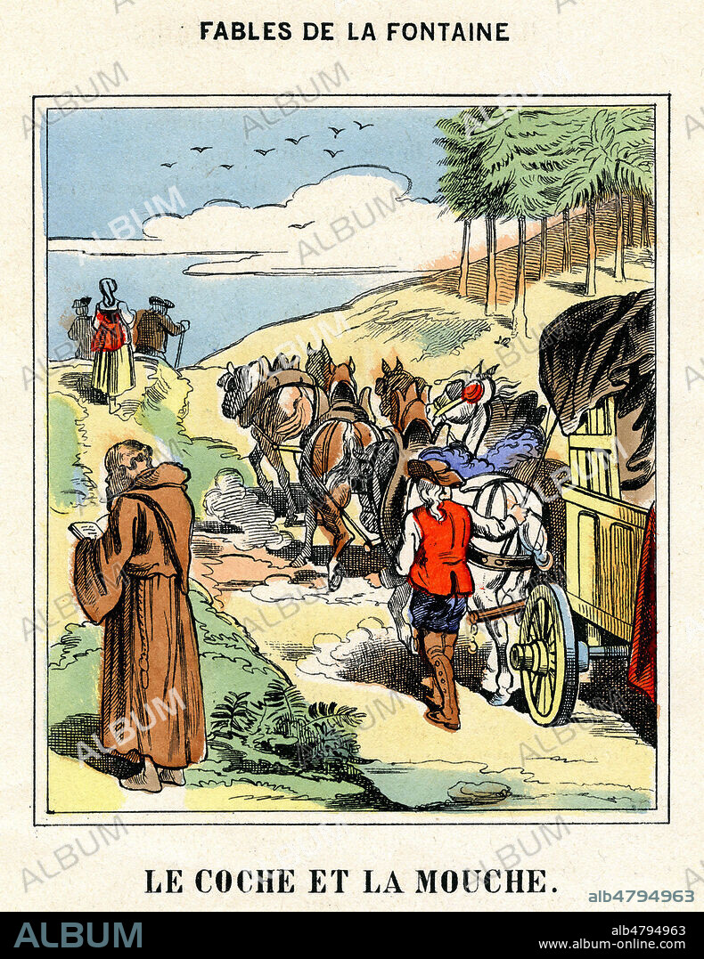 Le coche et la mouche. Illustration anonyme vers 1890 pour la fable de Jean de LA FONTAINE (1621-1695). Imagerie Pellerin d'Epinal. Credit :Coll. Jonas/KHARBINE-TAPABOR.