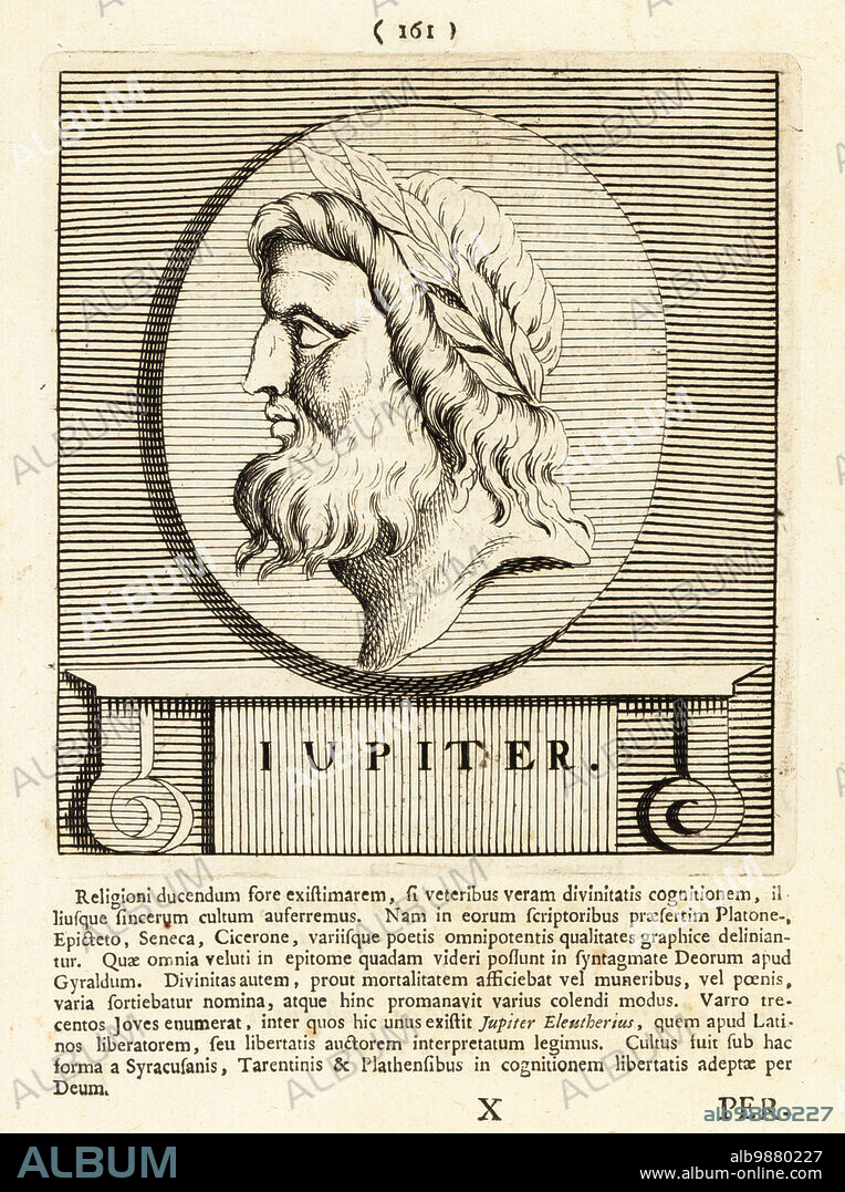 Jupiter in laurel wreath, chief Olympian god of the Roman pantheon; god of the sky, husband of Hera/Juno. Zeus in Greek mythology. Iupiter. Copperplate engraving by Pieter Bodart (1676-1712) from Henricus Spoors Deorum et Heroum, Virorum et Mulierum Illustrium Imagines Antiquae Illustatae, Gods and Heroes, Men and Women, Illustrated with Antique Images, Petrum, Amsterdam, 1715. First published as Favissæ utriusque antiquitatis tam Romanæ quam Græcæ in 1707. Henricus Spoor was a Dutch physician, classical scholar, poet and writer, fl. 1694-1716.