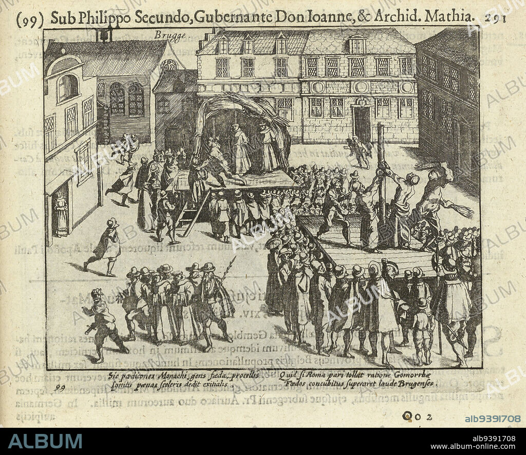 Bruges monks on the stake, 1578, Execution of the Franciscan monks in Bruges on the charge of sodomy, 26 July 1578. Right the flogging, left the monks on the stake. With caption of 4 lines in Latin. Numbered: 99. Printed on reverse with text in Latin., print maker: Simon Frisius, Frans Hogenberg, print maker: Northern Netherlands, publisher: Amsterdam, 1613 - 1615 and/or 1621 - 1622, paper, etching, height 133 mm × width 160 mm.