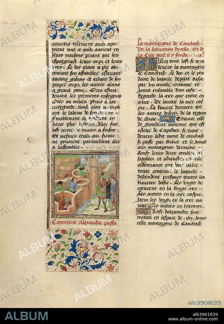 MASTER OF THE JARDIN DE VERTUEUSE CONSOLATION AND ASSISTANT. The Founding of Alexandria-in-Caucaso. Date/Period: Ca. 1470 - 1475. Folio. Tempera colors, gold leaf, gold paint, and ink on parchment. Height: 432 mm (17 in); Width: 330 mm (12.99 in).