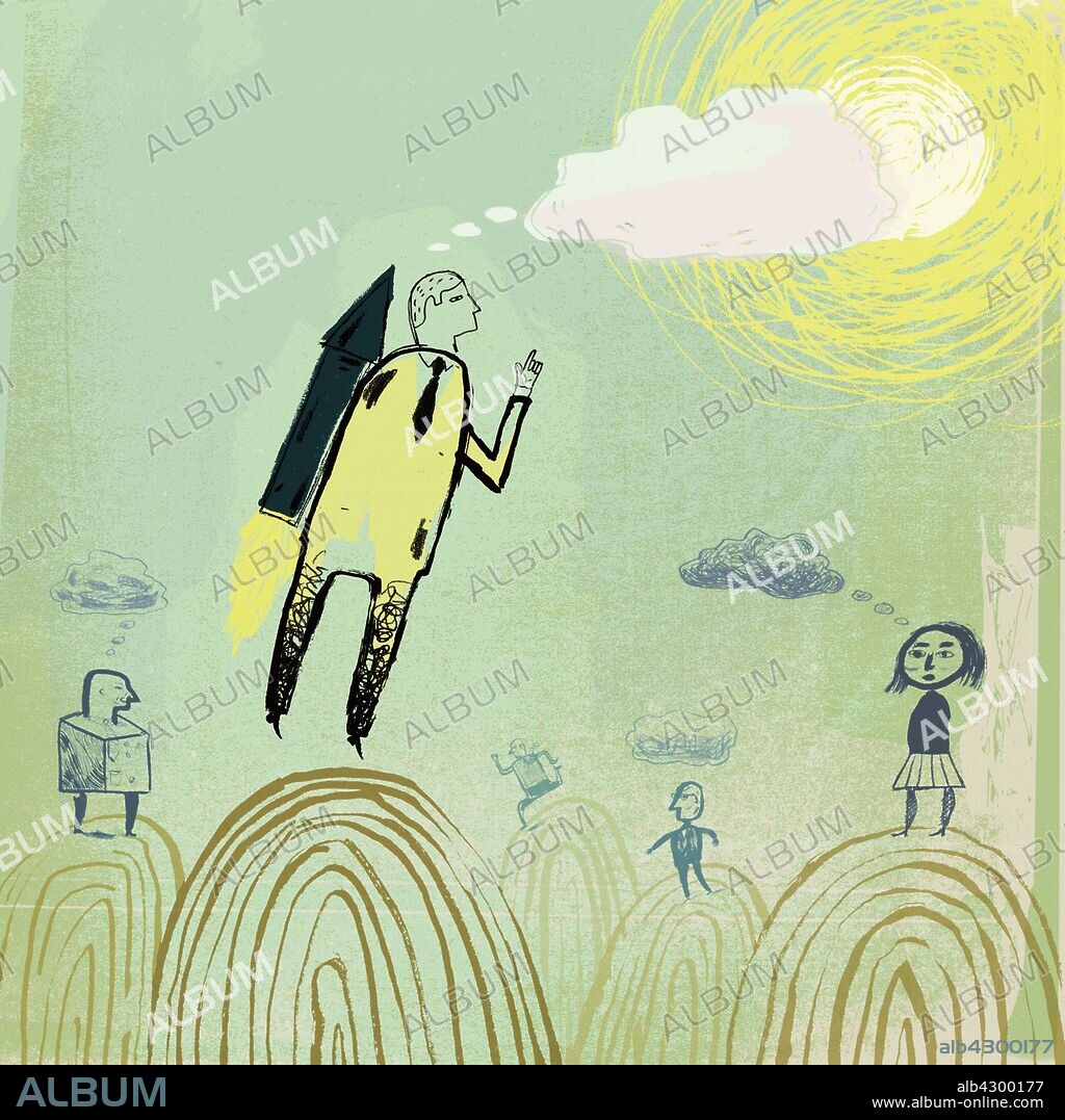 Businessman flying with jetpack.