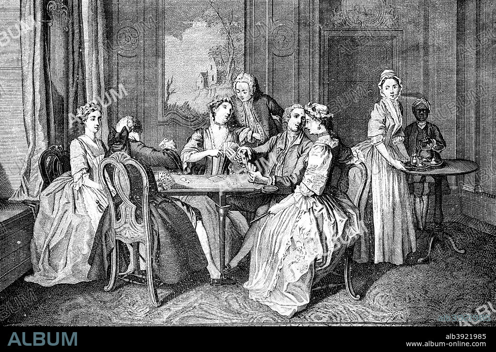 'Quadrille, le Quadrille', 1743. Quadrille was the name of a dance and also of a card game. Illustration from Social Caricature in the Eighteenth Century ... With over two hundred illustrations by George Paston (pseudonym of Emily Morse Symonds], (London, 1905).