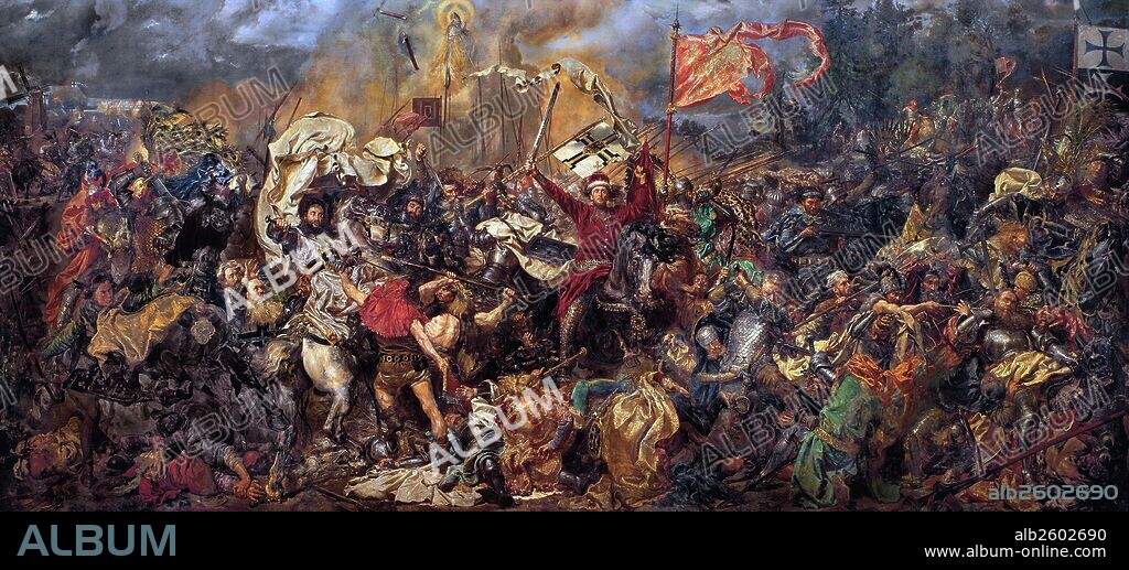 Battle of Grunwald, 1410. Painting by Jan Matejko. The Battle of Grunwald was fought on 15 July 1410, during the Polish–Lithuanian–Teutonic War. The alliance of the Kingdom of Poland and the Grand Duchy of Lithuania achieved victory over the German–Prussian Teutonic Knights.