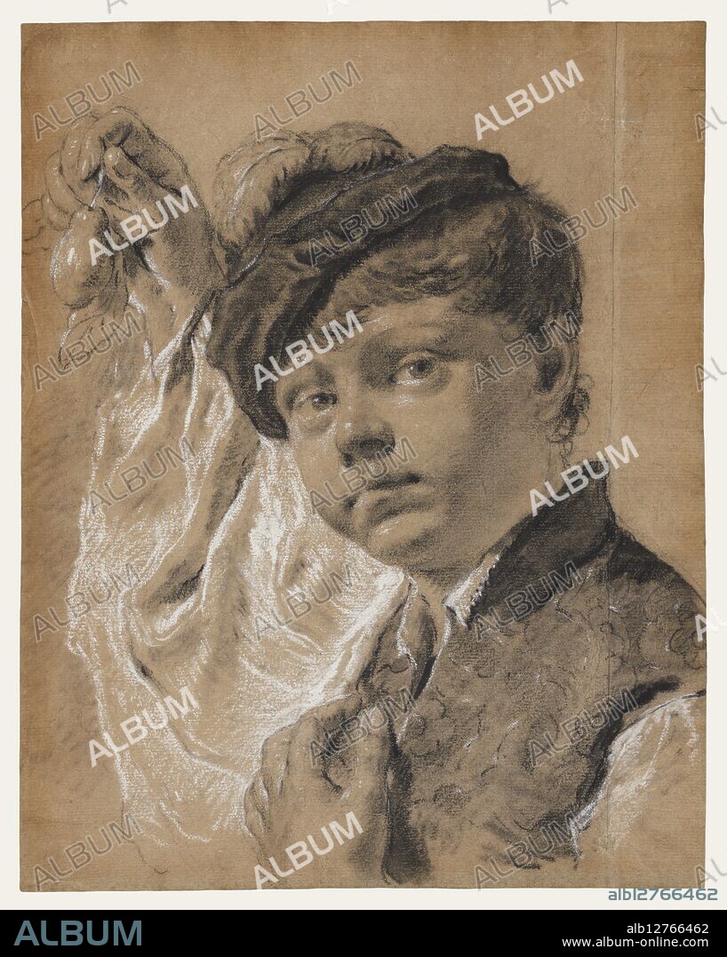 A Boy Holding a Pear (Giacomo Piazzetta?), about 1737.   Additional Info: A chubby-faced young boy stares out at us, as he holds up a small pear in his left hand. The youth is probably the artist's son Giacomo Piazzetta, drawn when he was about ten or eleven years old. He wears a dark cap decorated with a feather on his head, while an elaborately patterned vest covers a white shirt with wide, billowing sleeves and a lacy collar. This captivating drawing shows Giovanni Battista Piazzetta's skill at capturing both his son's character and the different fabrics he wears. Softly smudged lines of dark hatching suggest the boy's rounded, fleshy cheeks, while touches of white chalk give shiny highlights to his nose, eyes, and chin. Piazzetta also managed to indicate the shimmering, silky texture of the boy's sleeve in contrast to the dark and velvety texture of his hat.