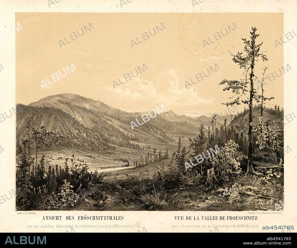 View of the Fröschnitzthales, Semmering Railway near Fröschnitztal, signed: Lith., L. Czerny; J. Rauh's lith., Kunstanstalt, Fig. 15, p. 22, Czerny, Ludwig (lith.); Rauh, J. (gedr.), Karl von Ghega: Malerischer Atlas der Eisenbahn über den Semmering: mit vorausgehender historisch-statistischer Uebersicht der im Betriebe stehenden Eisenbahnen. Wien: Druck von Carl Gerold & Sohn, 1854.