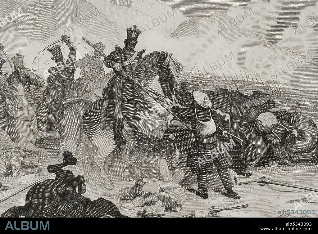 D. CA.1880). SPANISH ENGRAVER., MANUEL MIRANDA and 19TH CENTURY SPANISH ARTIST. PEDRO CELESTINO MARÉ (FL.1842-1862. Spain. First Carlist War (1833-1840). Civil war that confronted Carlists, supporters of the Infante Carlos María Isidro de Borbón, against the Isabelinos (Elizabethans), defenders of Isabel II and the regent María Cristina de Borbón. Northern Front. Attack by Liberal troops on the road to Legazpia. Illustration by Manuel Miranda. Engraving by Pedro Celestino Maré. Detail. Panorama Español, Crónica Contemporánea. Madrid, 1842.