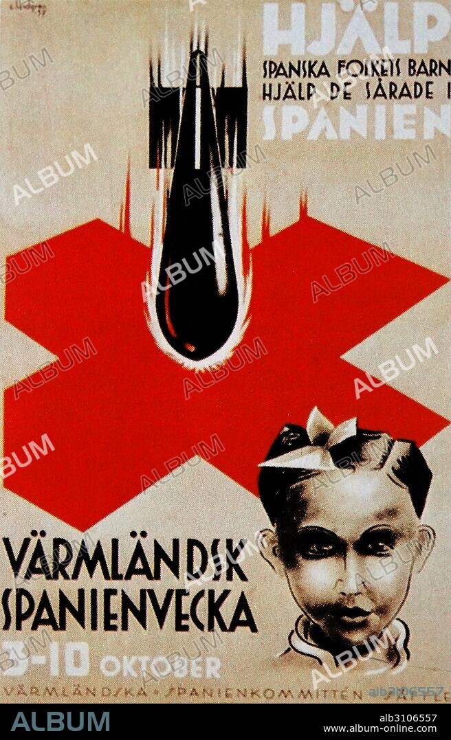 Swedish anti-fascist propaganda poster expressing horror at nationalist bombing raids on civilians during the Spanish Civil War.