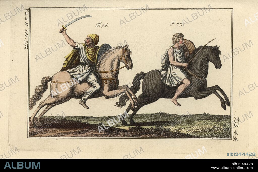 Dacian cavalry with sabre and shield, and Numidian on horseback. Handcolored copperplate engraving from Robert von Spalart's "Historical Picture of the Costumes of the Principal People of Antiquity and of the Middle Ages" (1797).