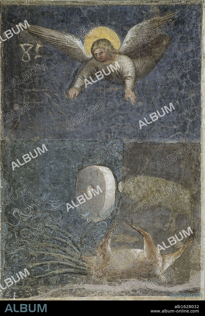 GIUSTO DE' MENABUOI. Angel Kills the Beast with a Rock as Big as a Milestone  From Apocalypse: Descent of the  Giusto di Giovanni de Menabuoi (Op. 1363-M.  1393/Italian)  Baptistery of the Cathedral, Padua.
