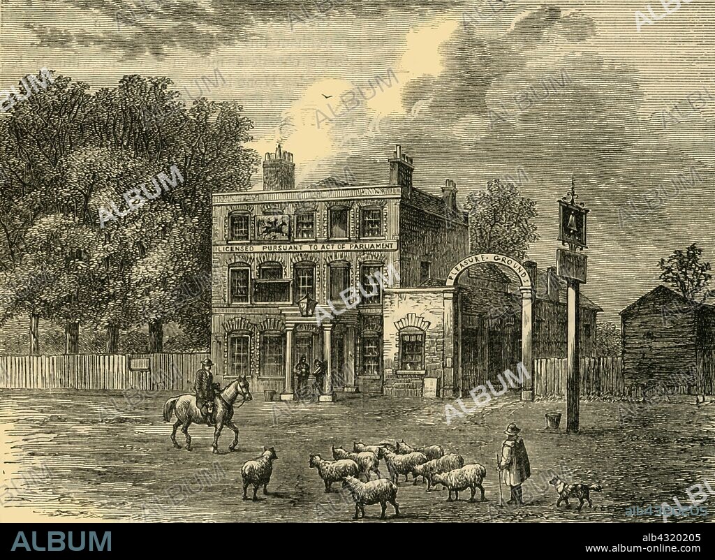 'The "Bell" at Edmonton', c1876. The Bell Inn on Fore Street known by William Cowper's 1782 ballad, 'The Diverting History of John Gilpin' was rebuilt in 1878.  From "Old and New London: A Narrative of Its History, Its People, and Its Places. The Western and Northern Studies", by Edward Walford. [Cassell, Petter, Galpin & Co., London, Paris & New York].
