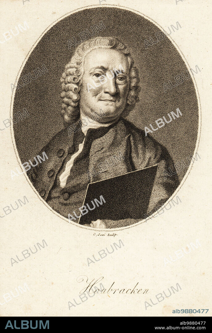 Oval portrait of Arnold Houbracken, Dutch painter and biographer of Dutch Golden Age painters, 1660-1719. In his later years in wig and holding a board. Copperplate engraving by Christian Josi after a self-portrait by Houbracken from The European Mangazine, London, 1804.