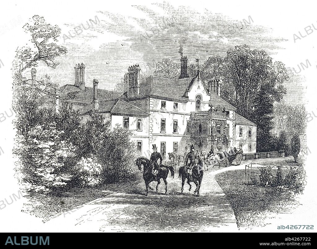 Engraving depicting Sandringham House, a country house near Sandringham, Norfolk, England. It is the private home of Queen Elizabeth II. Dated 19th century.