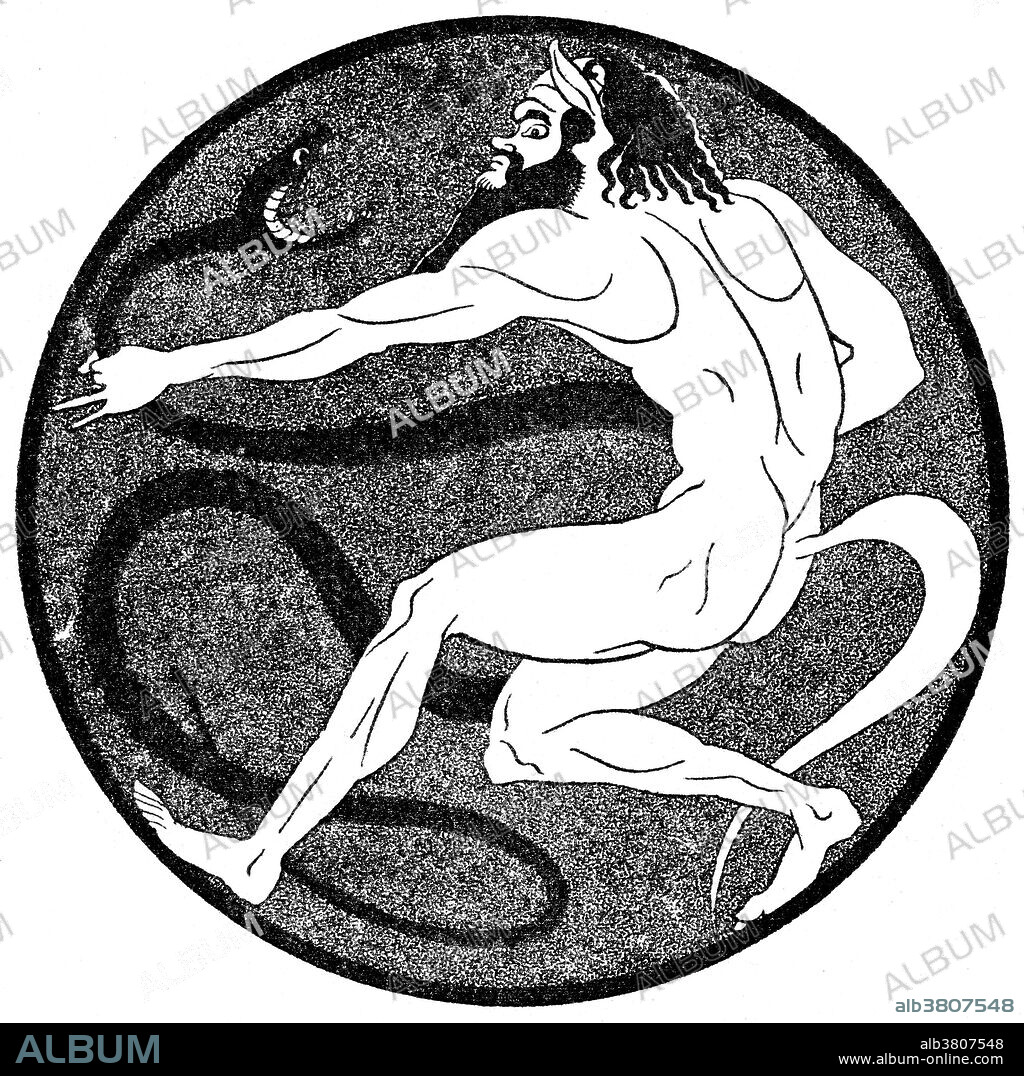 In Greek mythology the satyrs are deities of the woods and mountains. They are half human and half beast; they usually have a goat's tail, flanks and hooves. While the upper part of the body is that of a human, they also have the horns of a goat. They are the companions of Dionysus, the god of wine, and they spent their time drinking, dancing, and chasing nymphs. The Roman version of the satyr is the faun.