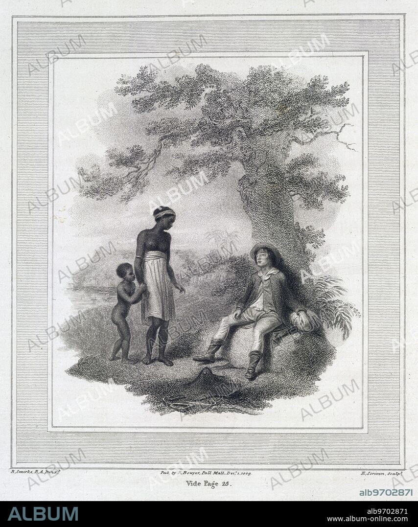 The poor white man sat beneath our tree', 1809. Scene from 'The West Indies, a poem' by James Montgomery. From 'Poems on the Abolition of the Slave Trade; written by James Montgomery, James Grahame, and E Benger. Embellished with engravings from pictures painted by R Smirke'. (London, 1809).