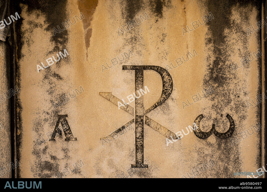 monogram of Christ, alpha and omega, Alaró Cemetery, Mallorca, Balearic Islands, Spain.