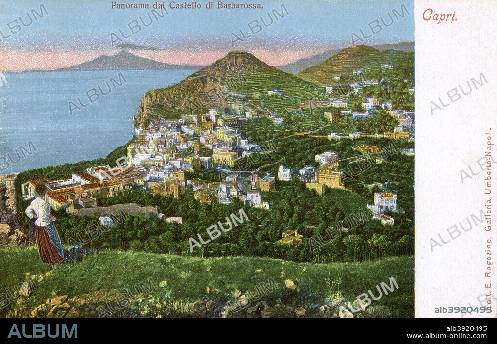 Panorama of the Castello di Barbarossa, Capri, Italy, early 20th century(?). Castello di Barbarossa is named after the Algerian pirate Kair-ed-Din, known as 'Barbarossa', who invaded the island and captured the fortress in 1535.