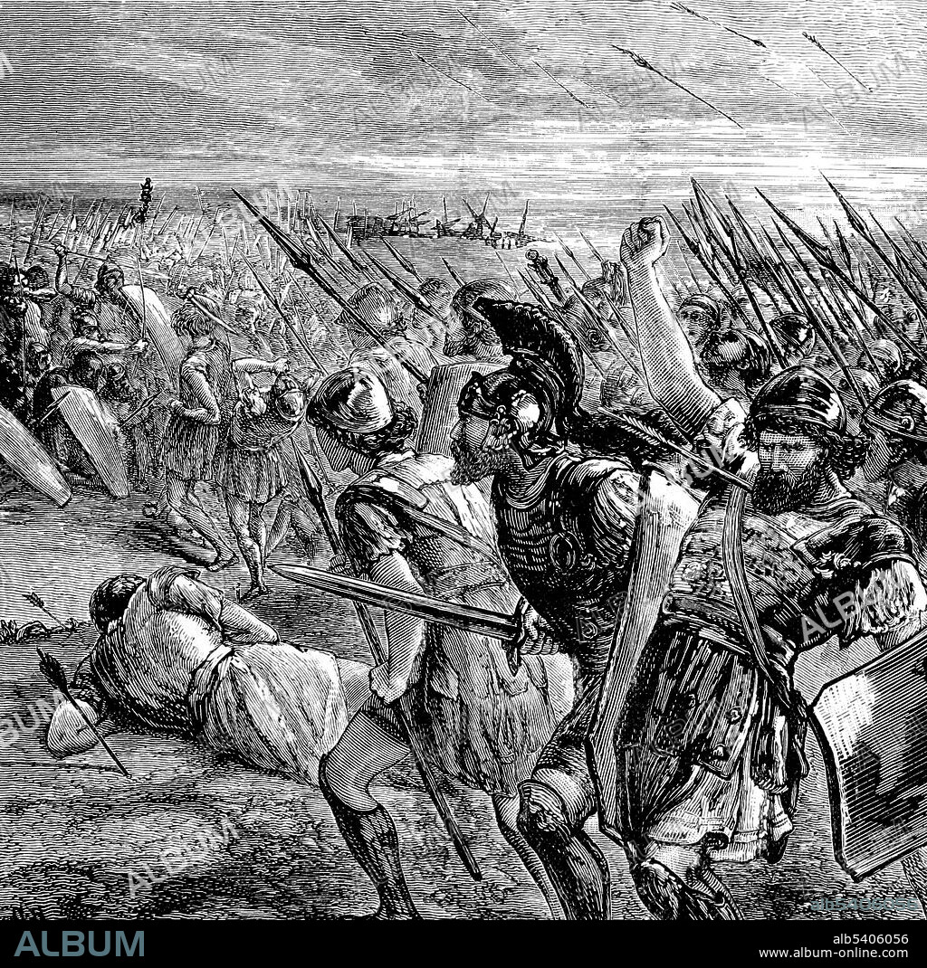 The Battle of Marathon took place in 490 BC during the first Persian invasion of Greece. It was fought between the citizens of Athens, aided by Plataea, and a Persian force commanded by Datis and Artaphernes. The battle was the culmination of the first attempt by Persia, under King Darius I, to subjugate Greece. The Greek army decisively defeated the more numerous Persians, marking a turning point in the Greco-Persian Wars.  Cyclopedia of Universal History by John Clark Ridpath, 1890 (cropped and cleaned).