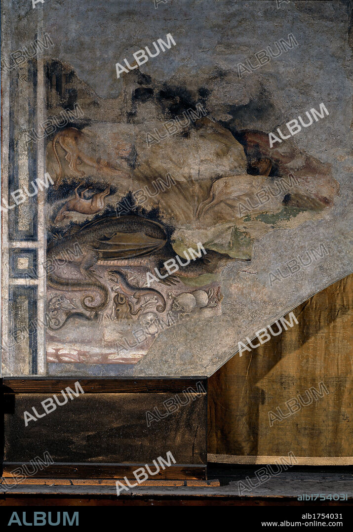 St George and the Princess, by Antonio Pisano also known as Pisanello, 1433-1438, 15th Century, detached and torn fresco. Italy, Veneto, Verona, Sant'Anastasia Church, Pellegrini Chapel, formerly on the entry's arch. Detail. Episode on the left, St George and the dragon gray brown tones; hues.