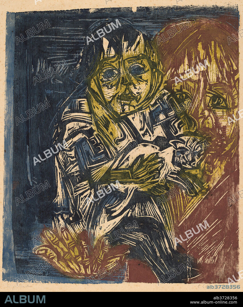ERNST LUDWIG KIRCHNER. Woman with a Child and a Cat. Dated: 1919. Dimensions: image: 42 x 35.5 cm (16 9/16 x 14 in.)  sheet: 55 x 45 cm (21 5/8 x 17 11/16 in.). Medium: color woodcut printed in two shades of blue, yellow, and red on japan paper.