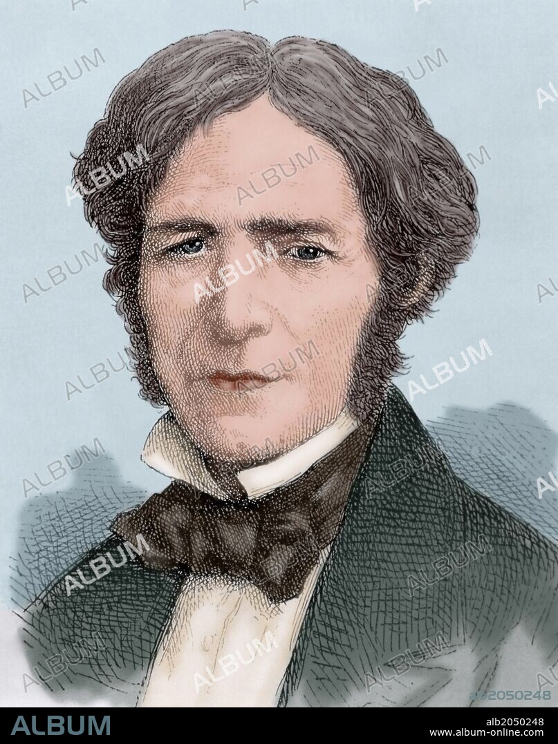 MICHAEL FARADAY (1791-1867). Físico y químico británico, descubridor de los fenómenos de inducción electromagnética. Grabado coloreado del siglo XIX.