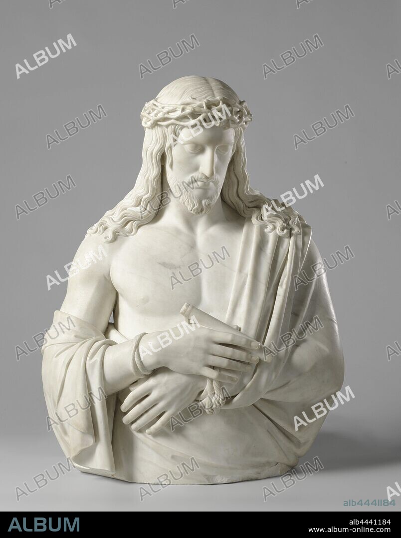 Ecce homo, the head is turned to the right and down for a moment, the gaze lowered. The wrists of the crossed hands are wound with a rope, in the right hand he holds a part of the cane. He wears the crown of thorns on the wavy hair that hangs down to the shoulders. The cloak hangs from the left shoulder, is held under the left arm and is turned to the left, from behind it runs obliquely over the back and is taken over the right arm. The image ends under the waist, Christ alone (also called 'Ecce Homo'), Louis Royer, Rome, 1826, marble (rock), h 88.0 cm × w 67.0 cm × d 45.0 cm × w 300 kg w 34 cm × d 48 cm.