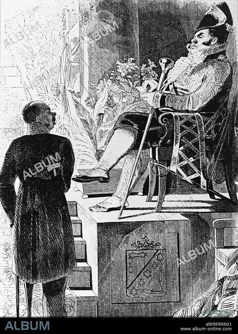 Drawing Illustration by A.Agin depicting the character Captain Kopeikin in the novel "Dead Souls" by Gogol. Nikolai Vasilievich Gogol (1809 - 1852) was a Ukrainian-born, Soviet writer, dramatist, Playwright and publiscist in the tradition of Russian realism. 1846. Supplied By: SCRSS - Society for Co-operation in Russian & Soviet Studies.