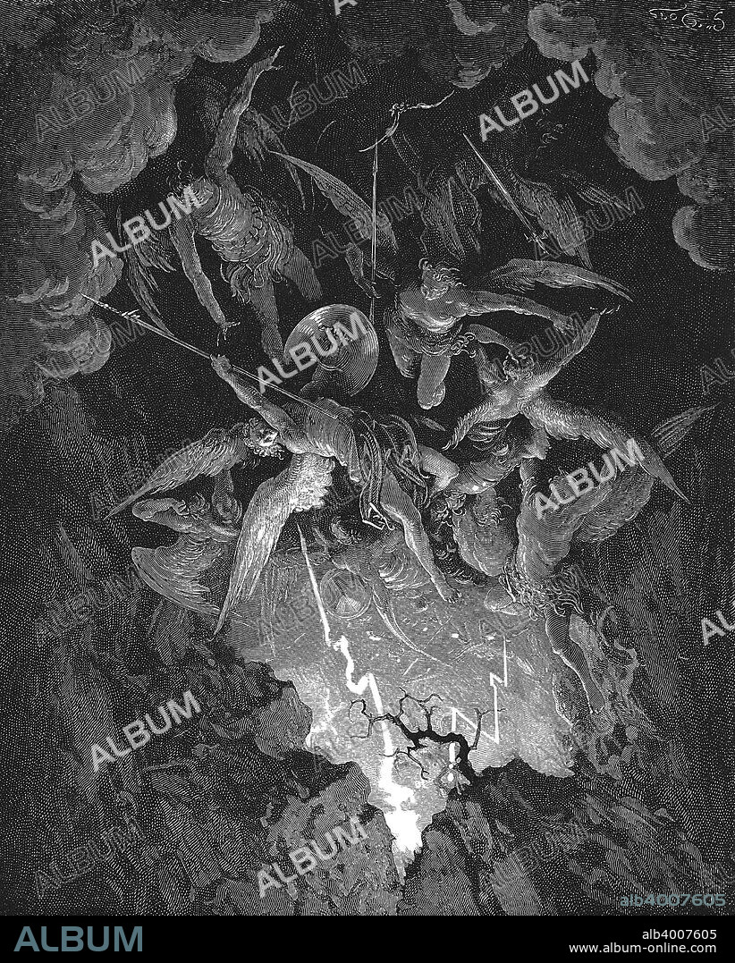 Illustration from John Milton's Paradise Lost, 1866. Illustration for Milton's (1608-1674) epic poem dramatising the fall of Man in the Book of Genesis in the Bible. Falling through the breach in the wall of Heaven, the rebel angels plunge down into hell. Paradise Lost was first published in 1667.