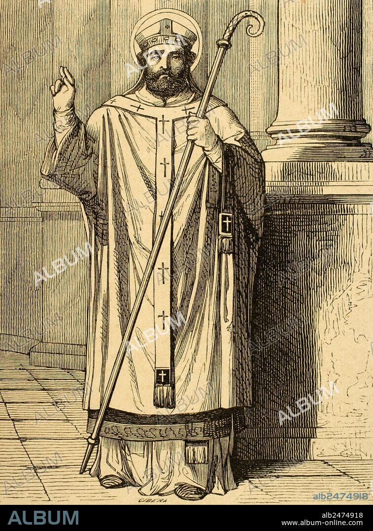 San Máximo el Confesor (también conocido como Máximo el Teólogo y Máximo de Constantinopla) (c. 580-662). Monje, teólogo y erudito cristiano, considerado padre de la Iglesia. Grabado por Cibera. Año Cristiano, 1852.