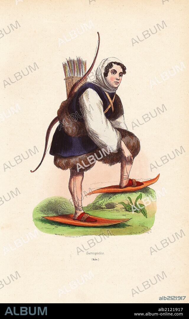 Nenets man wearing fur clothes, shirt with hood, snow shoes and carrying a bow and quiver of arrows. Handcoloured woodcut by Mercier from Auguste Wahlen's "Moeurs, Usages et Costumes de tous les Peuples du Monde," Librairie Historique-Artistique, Brussels, 1845. Wahlen was the pseudonym of Jean-Francois-Nicolas Loumyer (1801-1875), a writer and archivist with the Heraldic Department of Belgium.