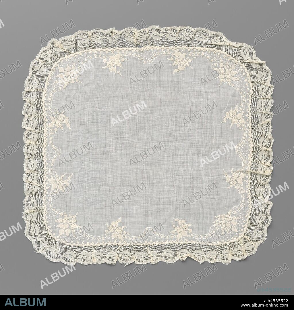 Batist handkerchief with plumetis embroidery and a border of Valenciennes lace, Handkerchief of natural-colored batist with embroidery - white work with a bobbin lace around: Valenciennes lace. Square model with rounded corners. The embroidery is along the edges and consists of bouquets with ivy leaves and forget-me-nots. The twelve bouquets are placed at equal distances from each other and connected by a decorative band of rosette flowers and dots between two dotted lines. The edge of the batist is finished with small regular scallops, with a rosette flower in each scallop. The strip side is wrinkled on the batiste. It has a shell edge with contiguous, curved bows. Each scallop has the same, slightly slanting leaf. The motifs are made in linen with openwork edges and cut-outs. They are connected by a square Valenciennes ground. The scallop edge is finished with picots., anonymous, Europe, c. 1850 - c. 1860, cotton (textile), Valenciennes lace, l 39.5 cm × w 37.7 cm w 3.5 cm ×, 2.8 cm.