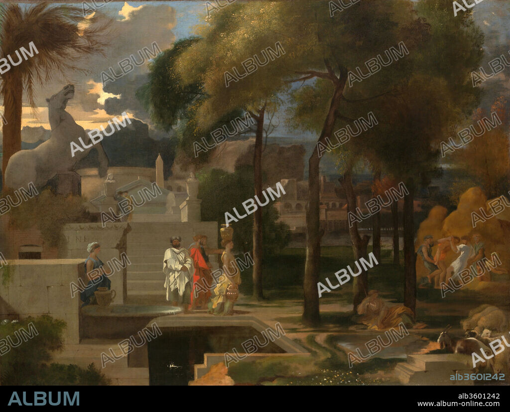 SEBASTIEN BOURDON. A Classical Landscape. Artist: Sébastien Bourdon (French, Montpellier 1616-1671 Paris). Dimensions: 27 1/2 x 36 1/4 in. (69.9 x 92.1 cm). Date: probably 1660s.
Bourdon's rigorously structured classical landscapes, such as this one, were modeled on those of Nicolas Poussin. In this landscape the painter quoted ancient and contemporary works of art. The statue of a horse at the left is a direct citation of one of the statues of the <i>Dioscuri</i> on top of the Quirinal Hill in Rome. The dancers at the right, instead, derive from Poussin's <i>Bacchanal</i> (now in the National Gallery, London).