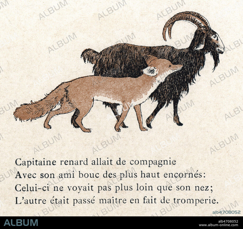 Capitaine renard allait de compagnie avec son ami bouc. Illustration de 1888 par Maurice de BOUTET de MONVEL (1851-1913) pour une vignette de la fable Le renard et le bouc de Jean de LA FONTAINE (1621-1695). Credit : Collection Jonas/Kharbine-Tapabor.