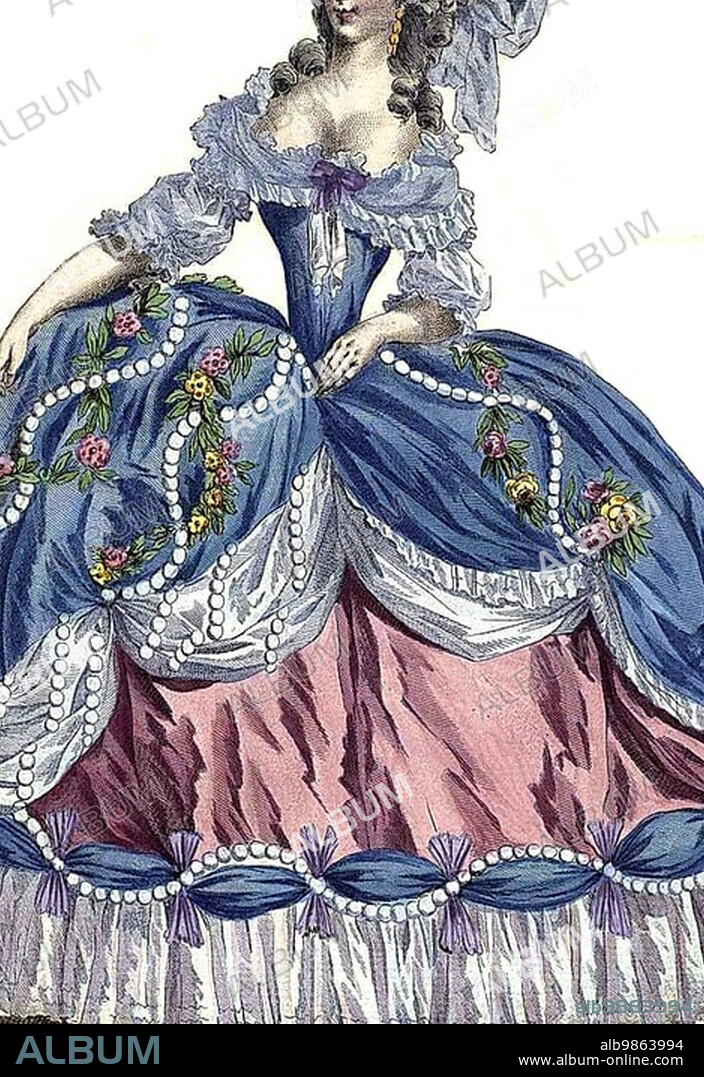 Marie Antoinette, French queens were expected to be role models when it came to fashion. As the woman of Louis XVI, Marie Antoinette dedicated herself to this task with enthusiasm. Together with her Marchande de Modes Rose Bertin and her hairdresser Léonard, she launched many a new fashion. Court etiquette dictated robes de cour, lavishly decorated dresses with wide skirts, Paris, 1787, France, Historic, digitally restored reproduction from an original au