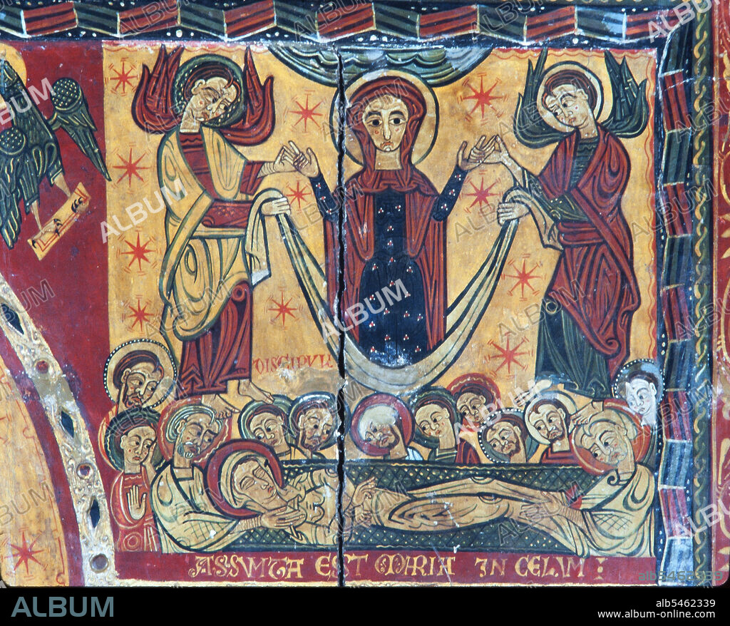 Frontal de altar de la Mare de Déu del Coll, procedente del Santuario de la Vírgen del Coll. Pintura al temple sobre madera, siglo XII. Museu Episcopal de Vic.