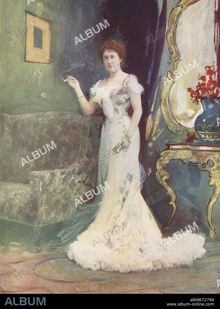 Miss Granville as Mrs Daniel Gordon smoking a cigarette in An Interrupted Honeymoon, a comedy by F. Kinsey Peile, 1899. Charlotte Granville, British stage and film actress, 1860-1942. Photograph by Alfred Ellis and Walery (Stanislaw Julian Ignacy). Colour printing of a hand-coloured illustration based on a monochrome photograph from George Newness Players of the Day, London, 1905.