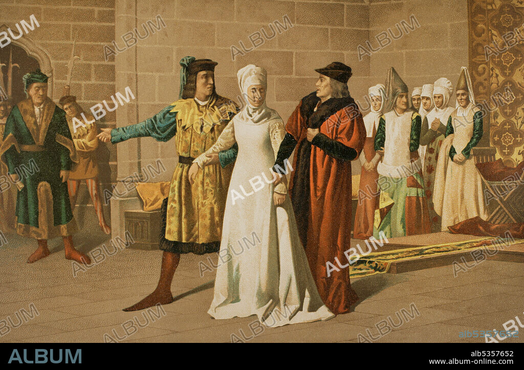 Constanza de Aragón y Entenza (1318-1346). Infanta de Aragón y reina consorte de Mallorca (1325-1346) por su matrimonio con Jaime III de Mallorca (1315-1349). Prisión de la última reina de Mallorca. Representación de la detención de Constanza, hermana de sus captores, retenida por su marido, el rey Jaime III. Ilustración a partir del cuadro de Nicasio Serret. Cromolitografía. Historia General de España, por Miguel Morayta. Tomo II. Madrid, 1889.