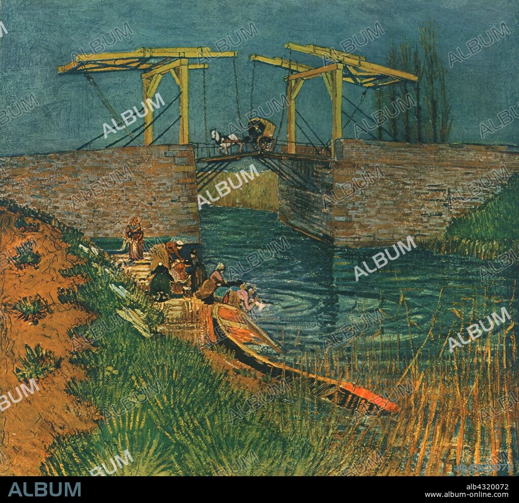'Drawbridge in Arles', April 1888, (1947). Wooden footbridge over the canal at Arles in the south of France, with women washing clothes in the foreground. Painting, also known as 'The Langlois Bridge at Arles', in a private collection - one of several versions of this scene. From "Vincent Van Gogh", by Ludwig Goldscheider and Wilhelm Uhde. [Phaidon Press Ltd, Oxford and London, 1947].