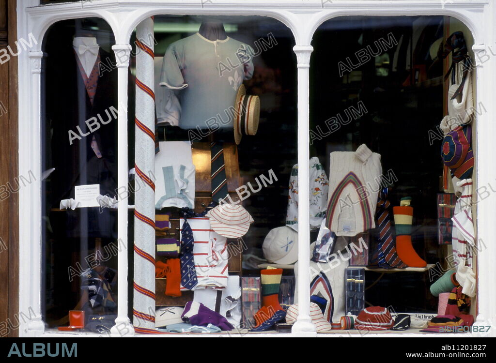 School uniform shop in Eton town sells traditional tailcoat and other uniform items for Eton College public school, England, UK.