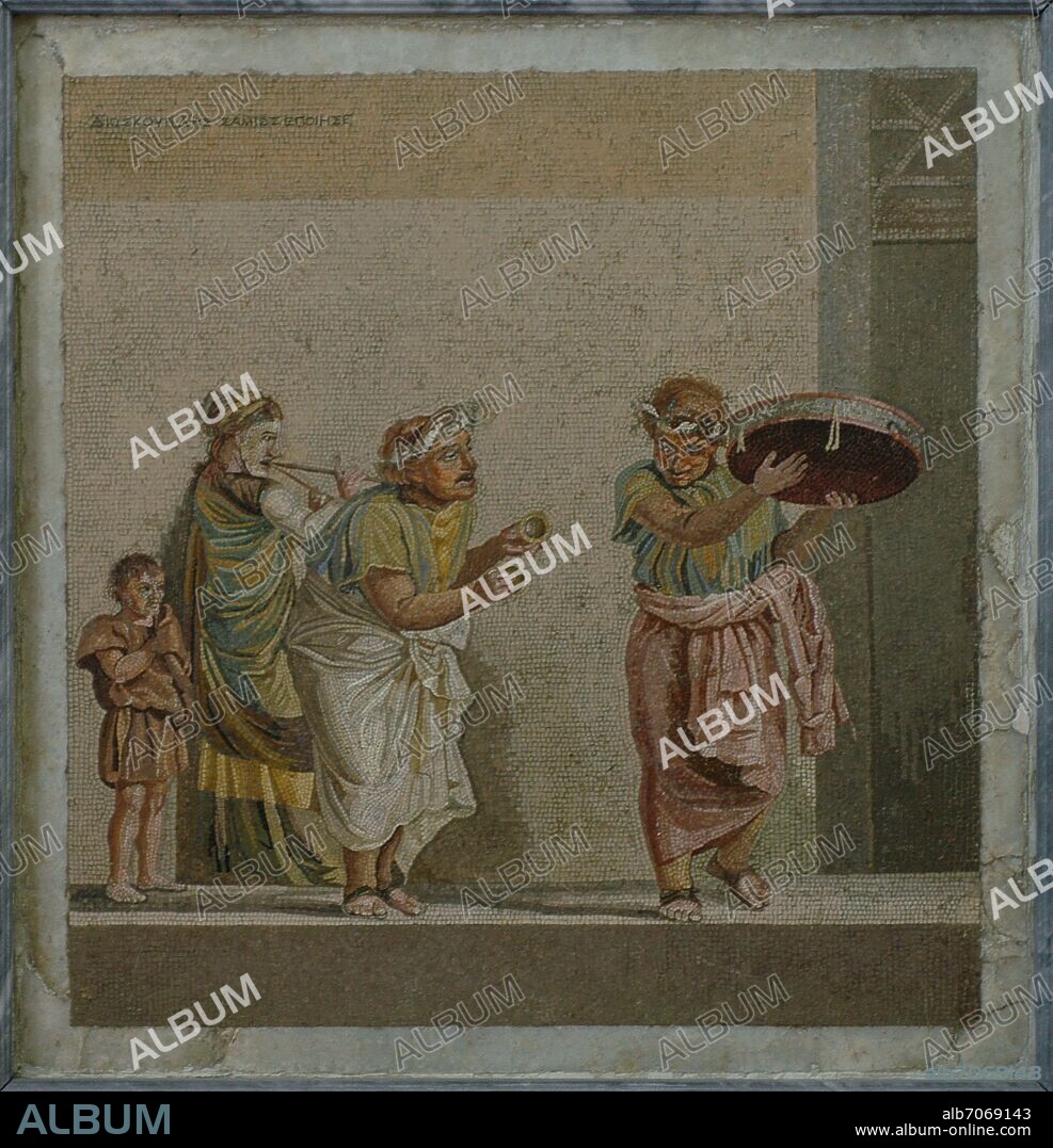 MOSAICO ROMANO HALLADO EN LA VILLA DE CICERON EN POMPEYA - ACTORES Y MUSICOS AMBULANTES - SIGLO I.