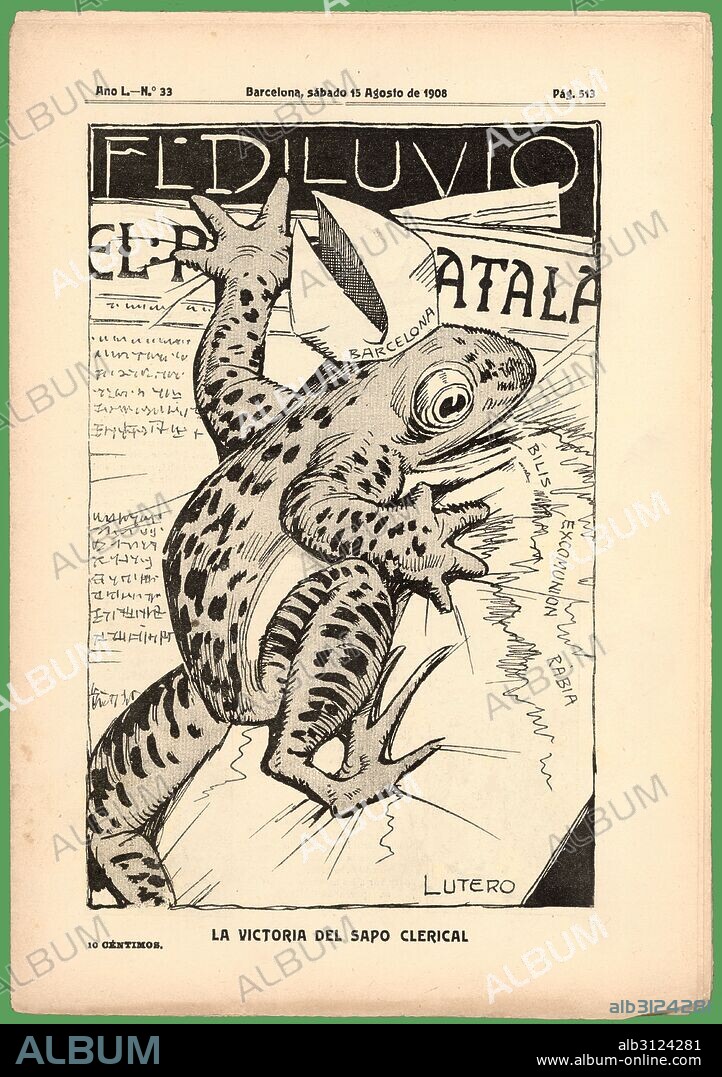 Portada de la revista El Diluvio. Portada satírica anticlerical. Barcelona, agosto de 1908.