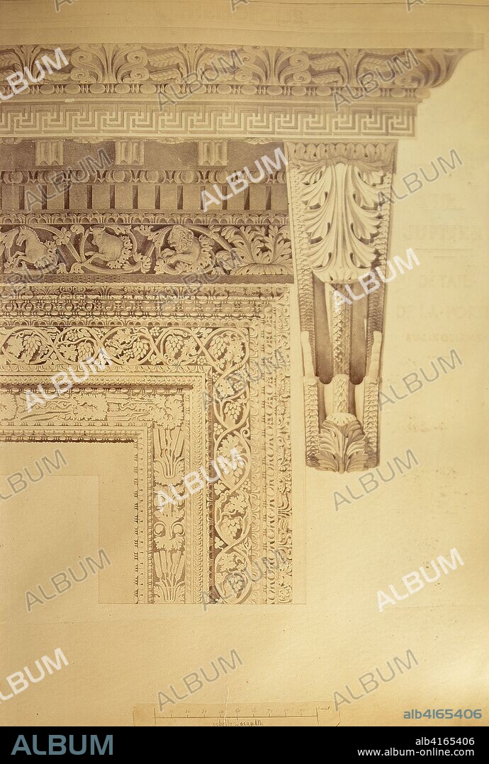 Dibujo de la parte superior de una puerta y cubierta adintelada, con decoración clásica.