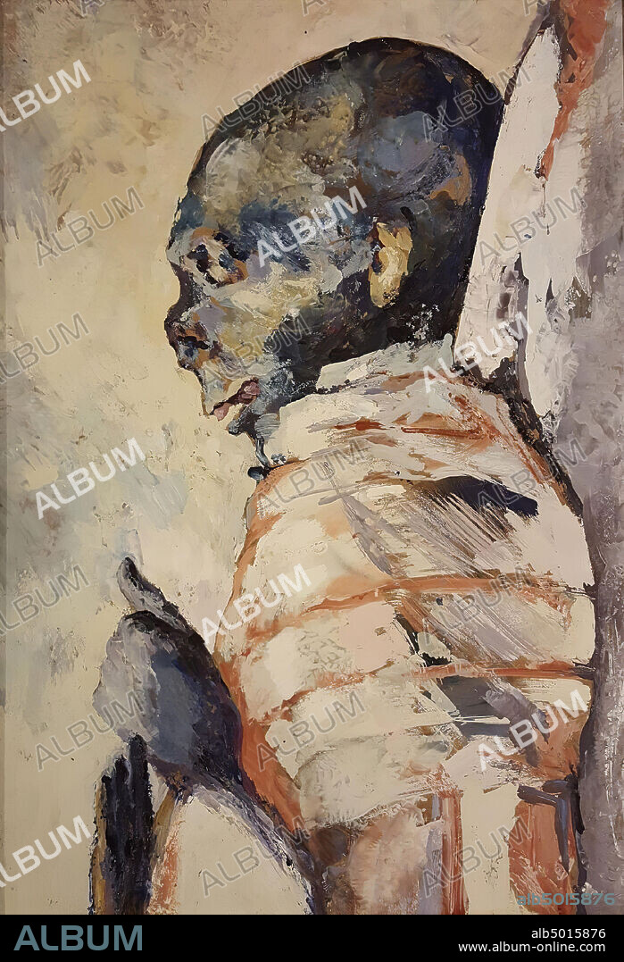 Thoetmosis III, Painting by the artist Riky Schellart-van Deursen (1942-2013), oblong format, depicting the king mummy of Thutmose III in the Egyptian Museum in Cairo (CG 61068). The mummy is shown lying down and profile, seen from the left. Depicted is the upper body from the hands (left) to the head, both painted in dark tones, and contrasting with the shroud, the surface and the background that are predominantly white., Painted in encaustic on panel of hardboard, framed in blank wooden frame. Marked on the back in pencil: Riky Schellart-vDeursen.