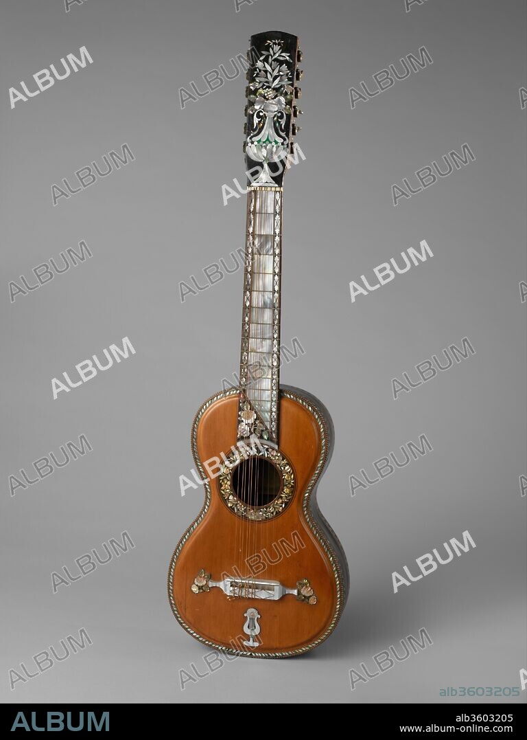 Guitarra septima (seven string guitar). Culture: Mexican. Dimensions: Height: 51 3/8 in. (130.5 cm)
Width: 11 3/4 in. (29.8 cm). Maker: M. Fernandez (Mexican). Date: ca. 1880.
Mariano Fernández, Guitarra Séptima (Seven-course guitar)
2012.569
The Mexican seven-course guitar reached the height of its popularity during the 19th century.  It was used to perform music in a variety of genres, most of it written by Mexican composers. This beautifully crafted instrument by Mariano Fernández epitomizes guitar making in Mexico at its highest level. Inlaid mother-of-pearl, abalone and wood trace intricate geometric patterns and elegant floral motifs on every surface. Just below the bridge, a lyre topped by a Phrygian cap, symbols of music and liberty, connect the guitar to Mexico's Liberal Reform movement and its cultural expression in art and music.