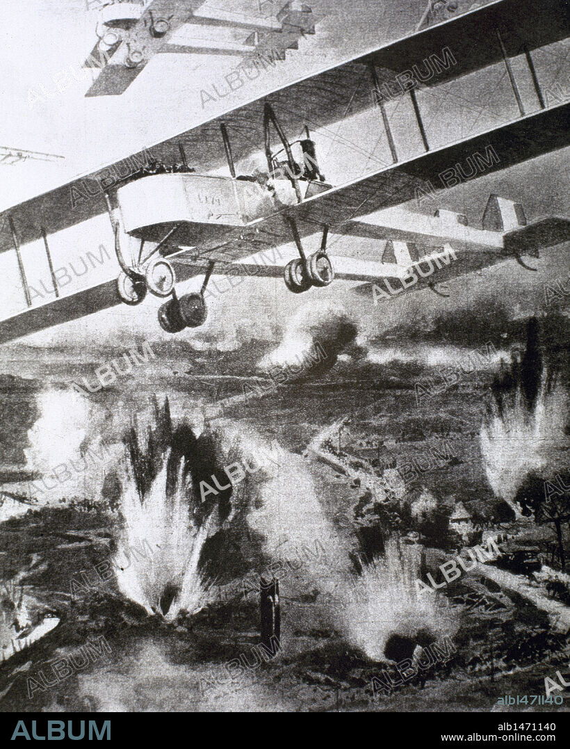 WORLD WAR I (1914-1918). Aerial bombardments by Italian planes on French territory. Drawing.