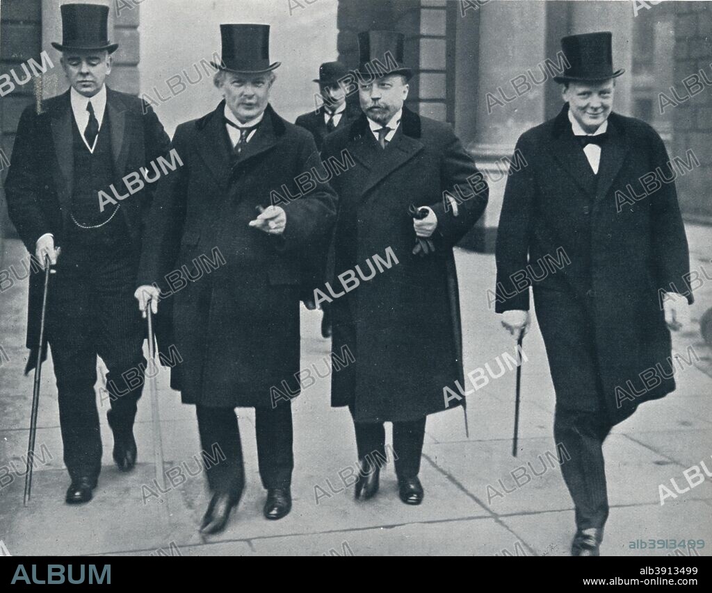 The Russian Minister of Finance in England: M. Bark on his way to the House of Commons, accompanied by Mr Lloyd George and Mr. Winston Churchill' c1914. Pyotr Lvovich Bark, later Sir Peter Bark, (1869-1937) with Winston Churchill (1874?1965)and David Llyod George (1863-1945). From 'The Manchester Guardian: History of the War', Vol. II.-1914-15., 1915.