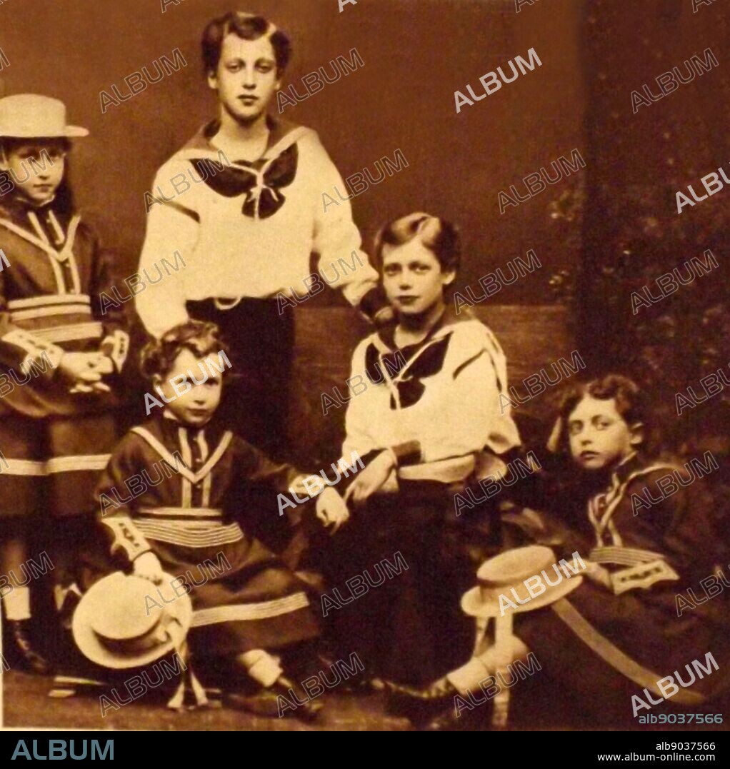 The children of England. King Edward VII in 1874. Prince George later King George V (seated in sailor suit) with the princess Royal Louise (left) and Princess Maud (later queen of Norway) seated front left. Maud of Wales (26 November 1869 20 November 1938) was Queen of Norway as spouse of King Haakon VII. She was the youngest daughter of Edward VII of the United Kingdom and Alexandra of Denmark.