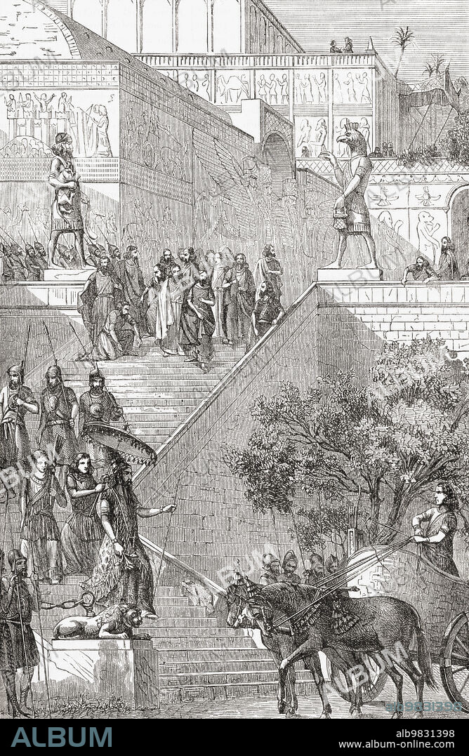 Artist's impression of the restored palace at Kouyunjik, Nineveh, Assyria. From Cassell's Universal History, published 1888; Artwork.