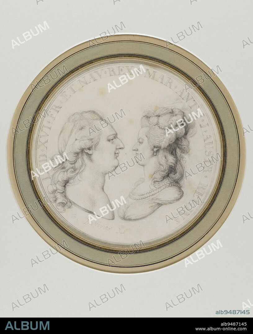 Portrait of Louis XVI, left profile and of Marie-Antoinette, right profile, Duvivier, Pierre Simon Benjamin, Draftsman, Between 1774 and 1789, Drawing, Graphic arts, Drawing, Dimensions - Work: Diameter: 23 cm, Dimensions: Diameter: 28.8 cm, Dimensions: Height: 50 cm, Width: 40 cm.