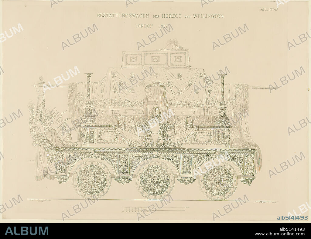 Richard Redgrave, Octavio Hudson, H. Whitaker, G. Knapp, Verlagsbuchhandlung Leipzig, August Weger, Gottfried Semper, Henry Cole, design for the hearse of the Duke of Wellington. Side view (2nd corrected version), old stock, probably a 1903, paper, copperplate engraving, sheet size: height: 42 cm; width: 58.6 cm, inscribed: recto: in the plate: erf. v. G. Semper, signed v. v. Whitaker, engraving and printing v. A. Weger, Leipzig, G. Knapp, Verlagsbuchhandlung, Leipzig, E. Nowâk, BESTATTUNGSWAGEN DES HERZOG VON WELLINGTON, LONDON 1852, TABLE No. 49, Stamp: prints, printed matter, Death, Burial, funeral rites/cult of the dead, carriage, freight wagon, freight cart.
